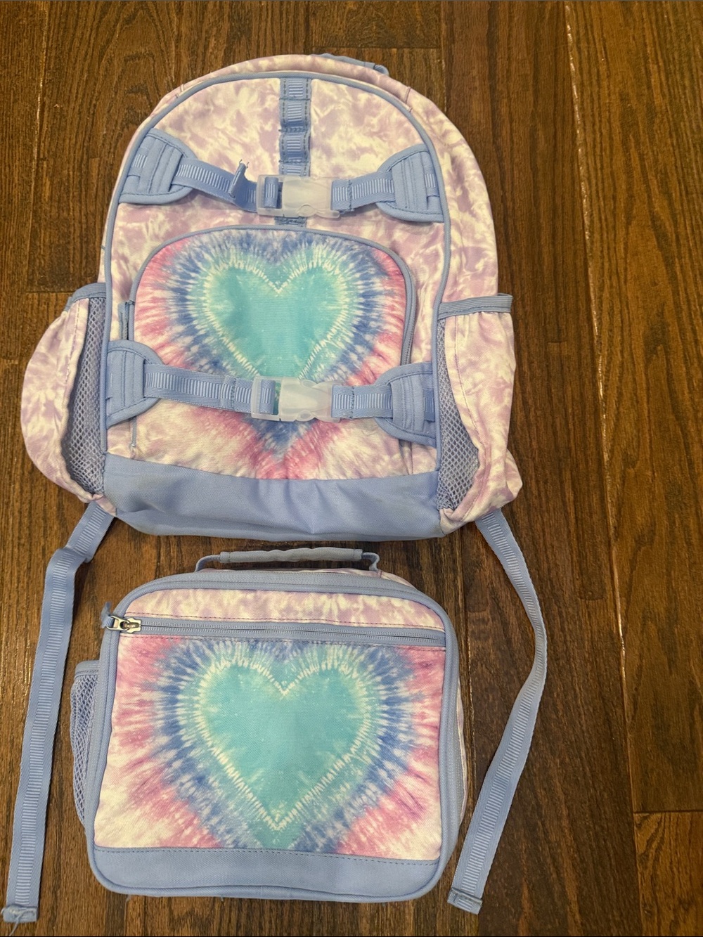 Pottery Barn Kids Pastel Tie-Dye Heart Backpack & Lunch Bag - Light Blue/Purple